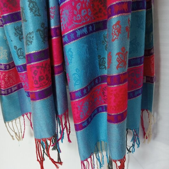 100% Pashmina Women Scarf Wrap Blue Pink Purple 70" x 27" Paisley - Picture 7 of 16